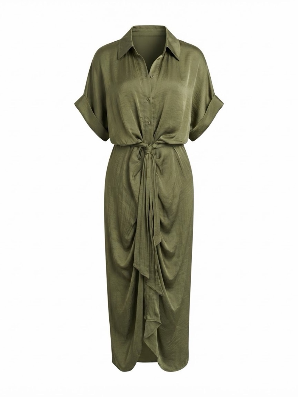 Steve Madden Olive Green Tie-Waist Maxi Shirt Dress